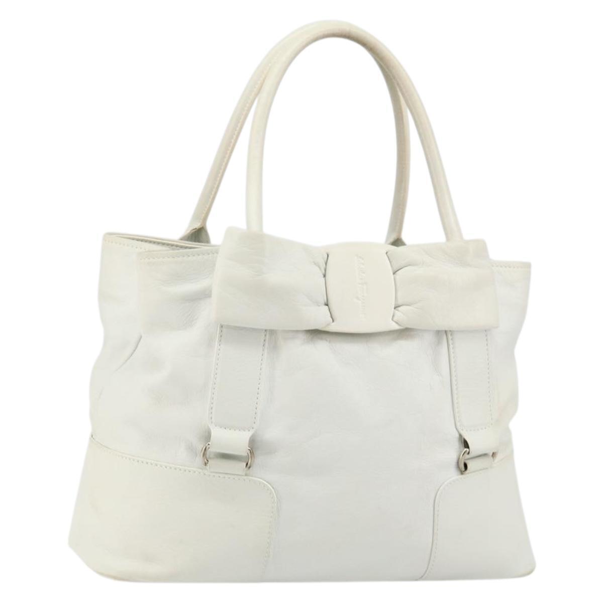 Salvatore Ferragamo Vala Tote Bag Leather White Gold Auth Ba6591